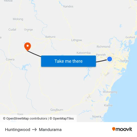 Huntingwood to Mandurama map