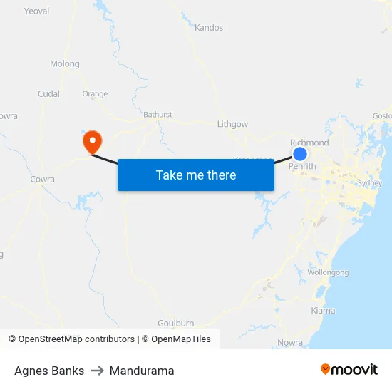 Agnes Banks to Mandurama map