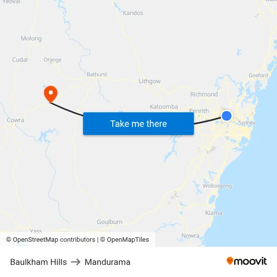 Baulkham Hills to Mandurama map