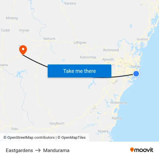 Eastgardens to Mandurama map