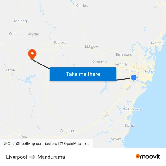 Liverpool to Mandurama map
