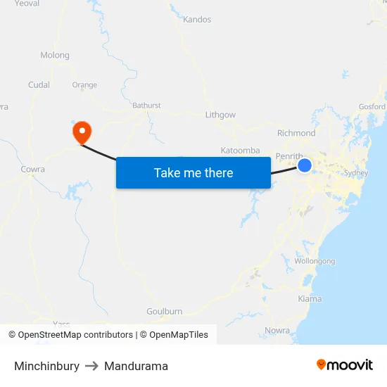 Minchinbury to Mandurama map