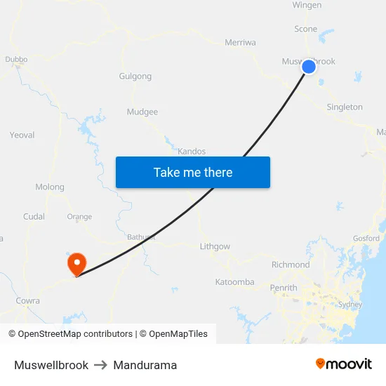Muswellbrook to Mandurama map