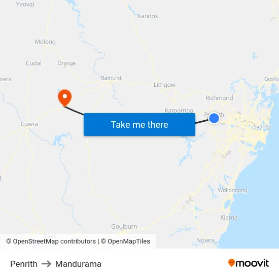 Penrith to Mandurama map
