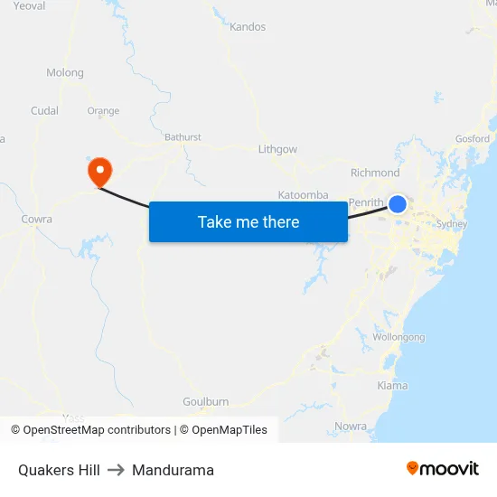Quakers Hill to Mandurama map