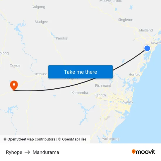 Ryhope to Mandurama map
