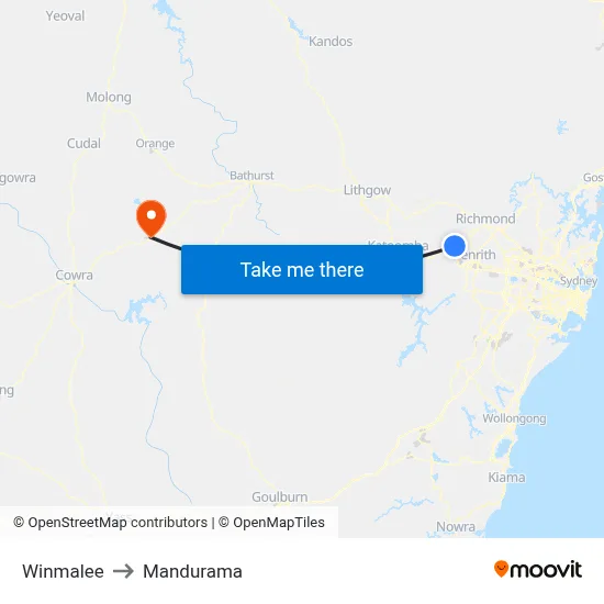 Winmalee to Mandurama map