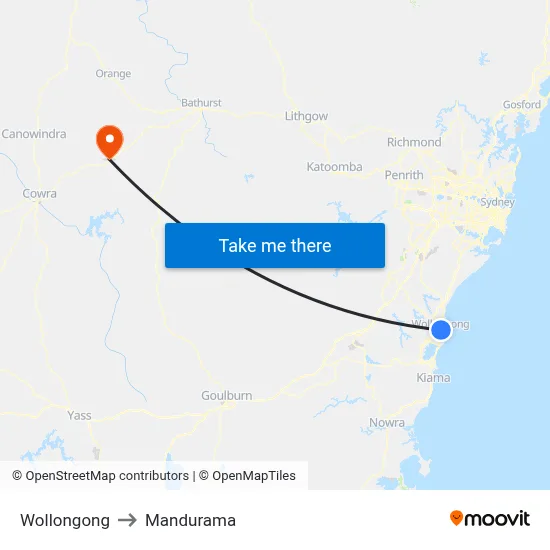 Wollongong to Mandurama map