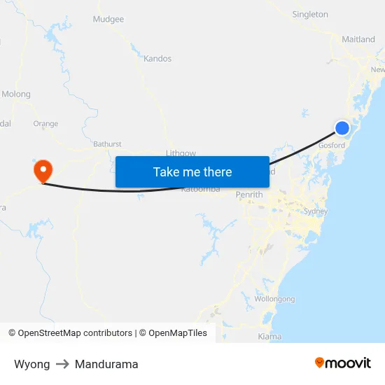 Wyong to Mandurama map