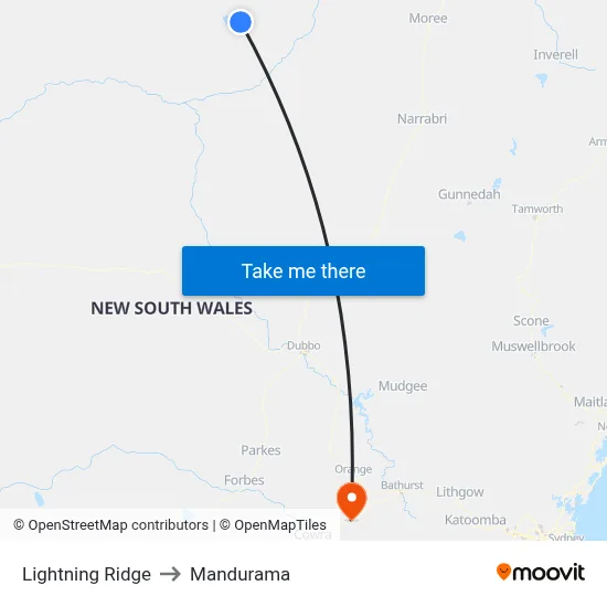 Lightning Ridge to Mandurama map