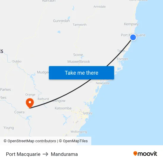 Port Macquarie to Mandurama map