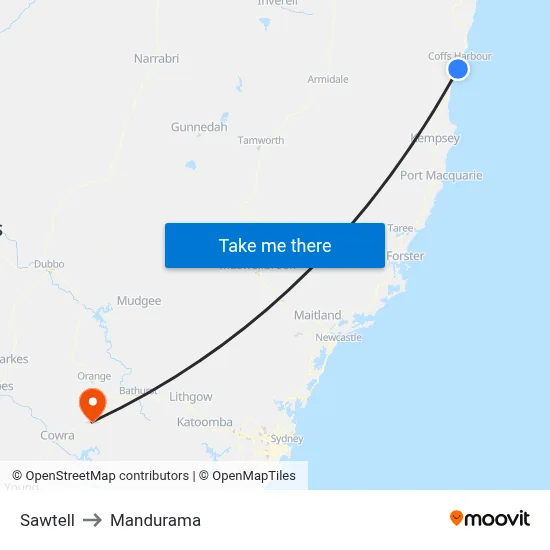 Sawtell to Mandurama map