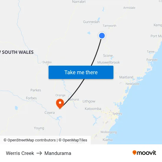 Werris Creek to Mandurama map