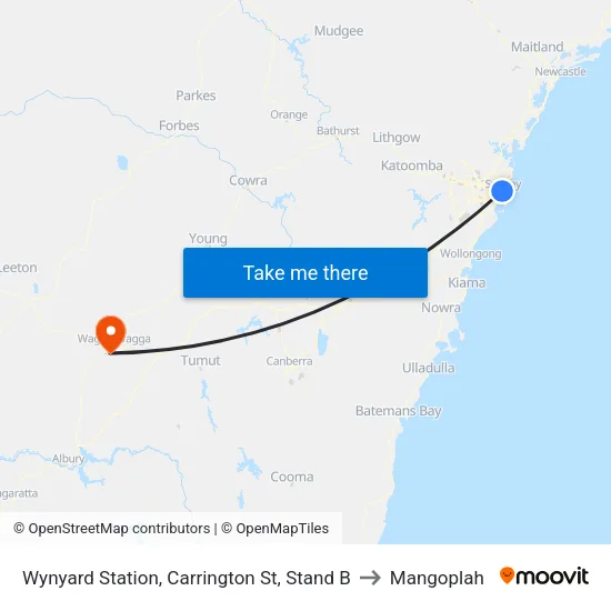 Wynyard Station, Carrington St, Stand B to Mangoplah map