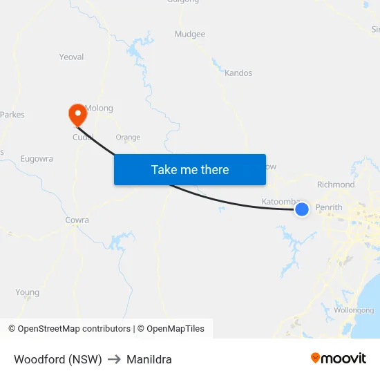 Woodford (NSW) to Manildra map