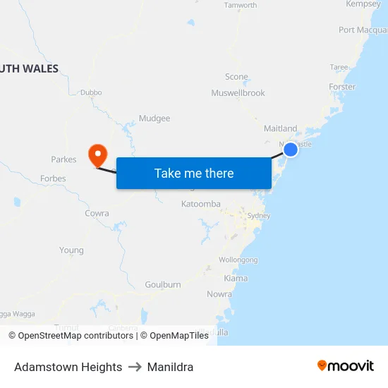 Adamstown Heights to Manildra map