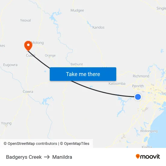 Badgerys Creek to Manildra map