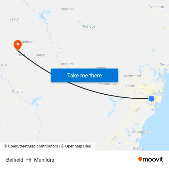 Belfield to Manildra map
