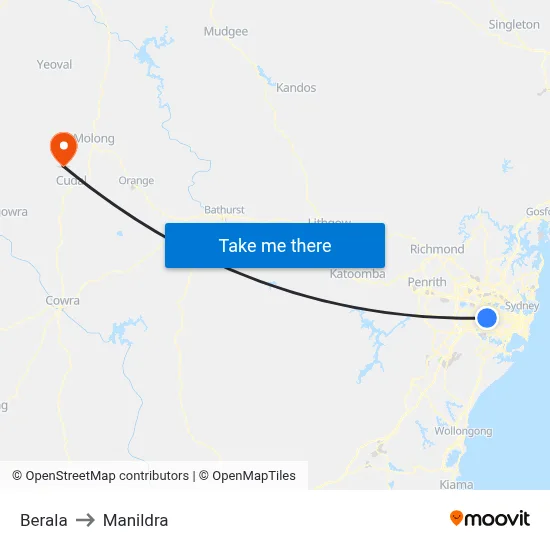 Berala to Manildra map