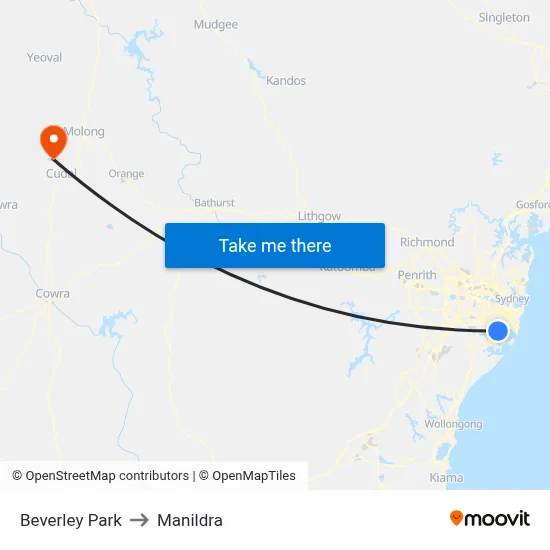 Beverley Park to Manildra map