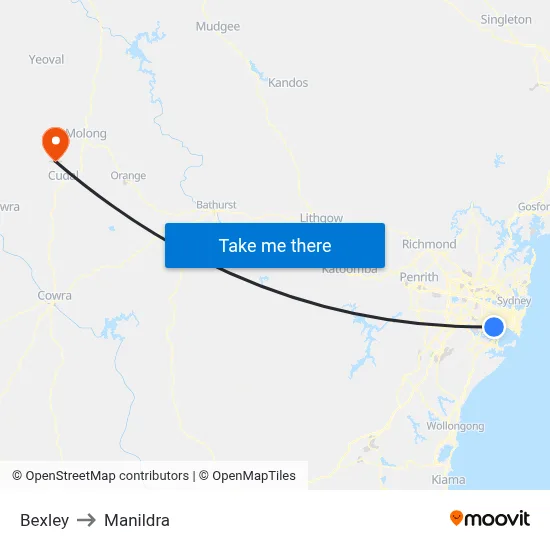 Bexley to Manildra map