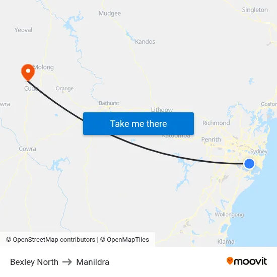Bexley North to Manildra map