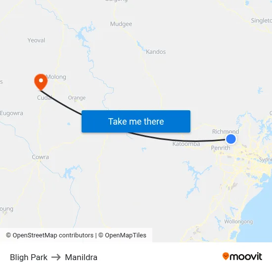 Bligh Park to Manildra map