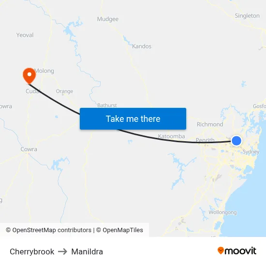 Cherrybrook to Manildra map
