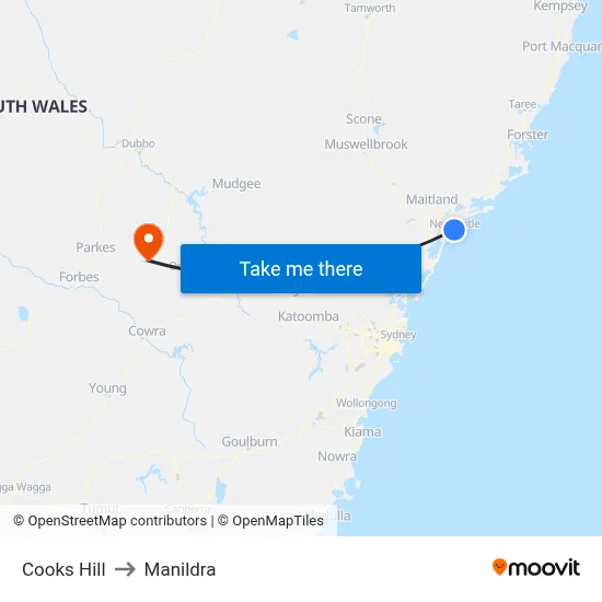 Cooks Hill to Manildra map