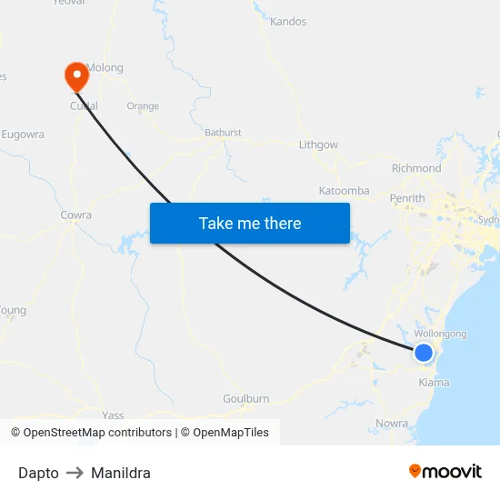 Dapto to Manildra map