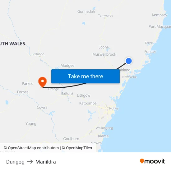 Dungog to Manildra map