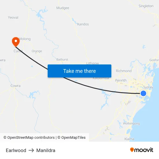 Earlwood to Manildra map