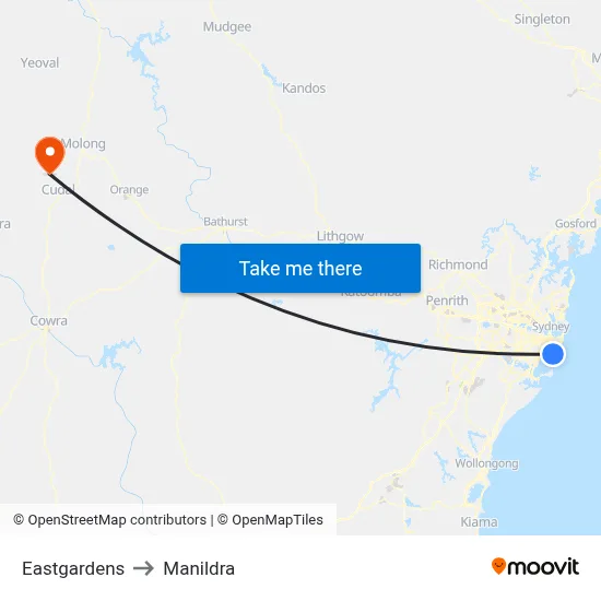 Eastgardens to Manildra map
