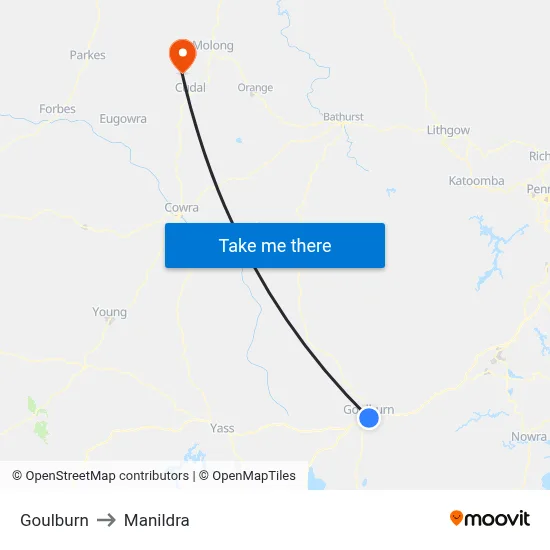 Goulburn to Manildra map