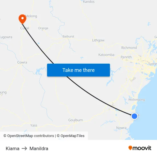 Kiama to Manildra map