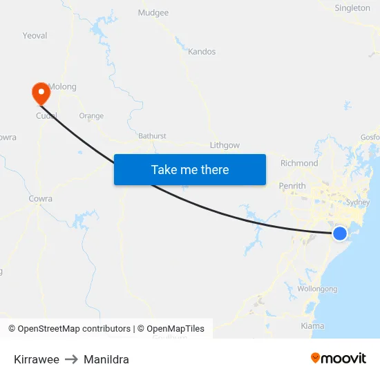 Kirrawee to Manildra map