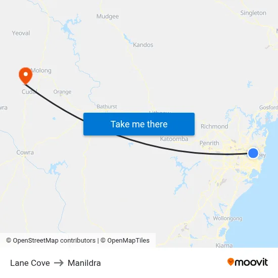 Lane Cove to Manildra map