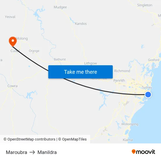 Maroubra to Manildra map