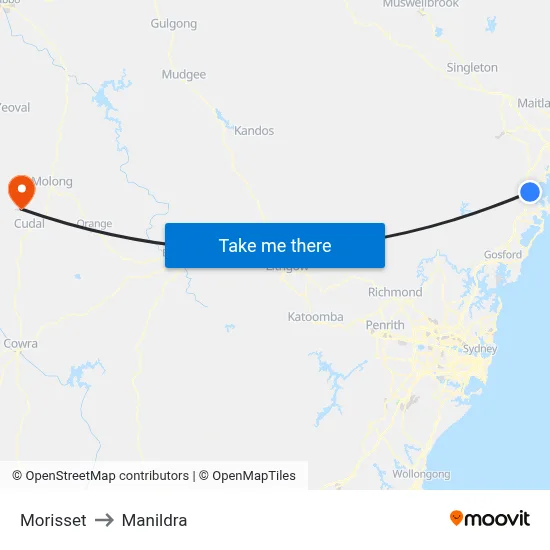 Morisset to Manildra map