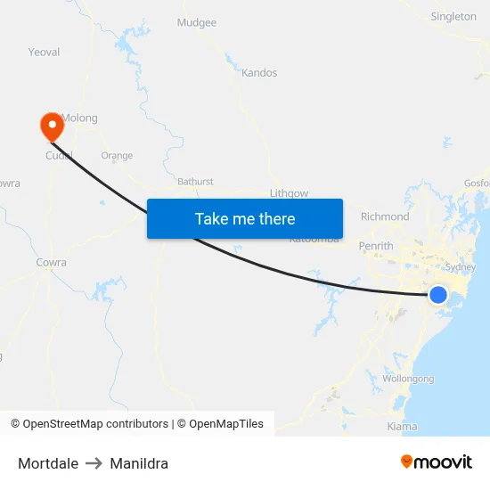 Mortdale to Manildra map