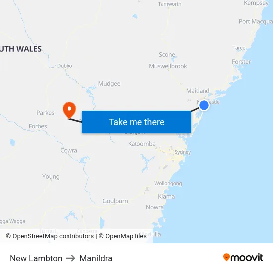 New Lambton to Manildra map