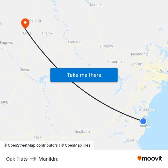 Oak Flats to Manildra map