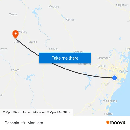 Panania to Manildra map