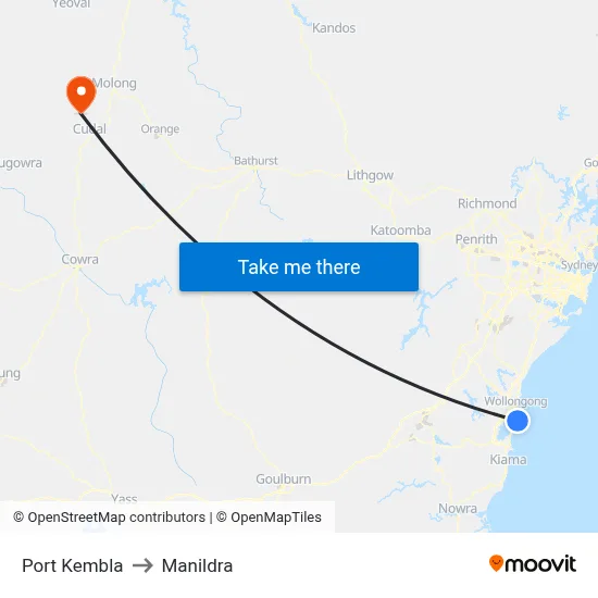 Port Kembla to Manildra map
