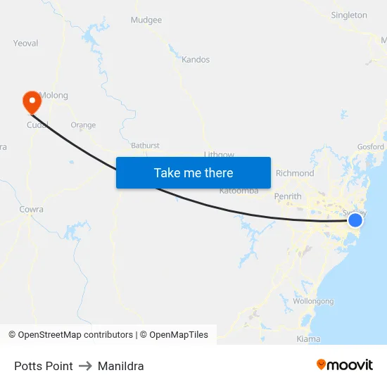 Potts Point to Manildra map