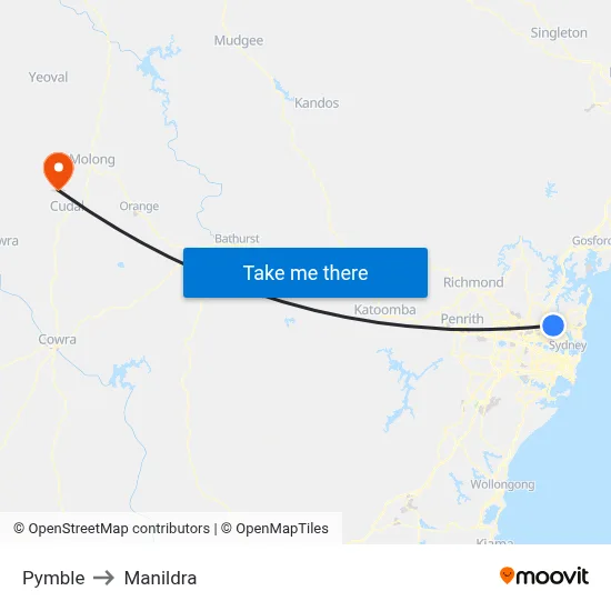 Pymble to Manildra map