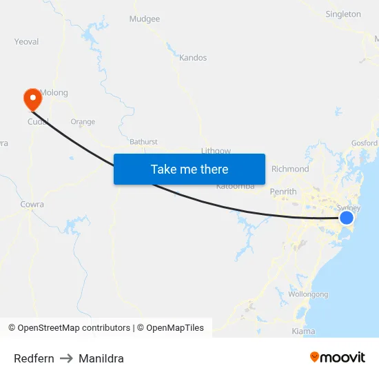 Redfern to Manildra map