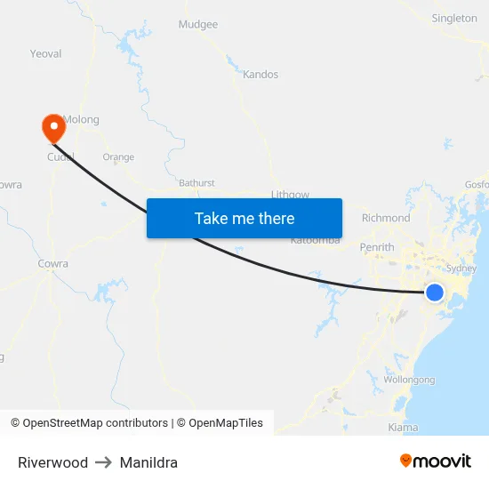 Riverwood to Manildra map