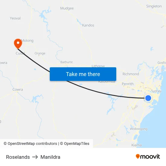 Roselands to Manildra map