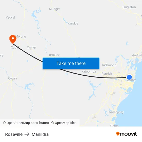 Roseville to Manildra map